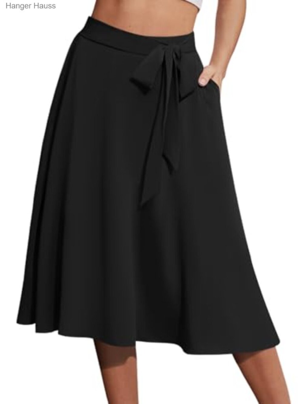 A-Line Midi Skirt with Pockets & Tie Waist Chiffon Below Knee